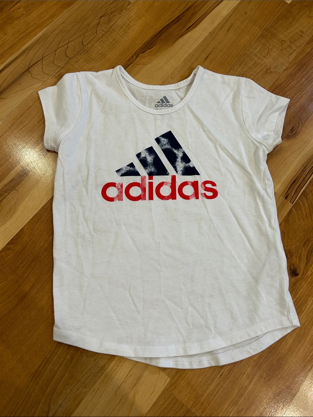 ADIDAS White Tee with Red Wordmark and Navy Trefoil 4T